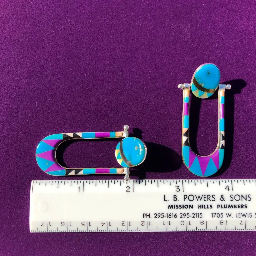 Vintage Native American Zuni - Inlay Earrings in Sterling. - Picture 4 of 8